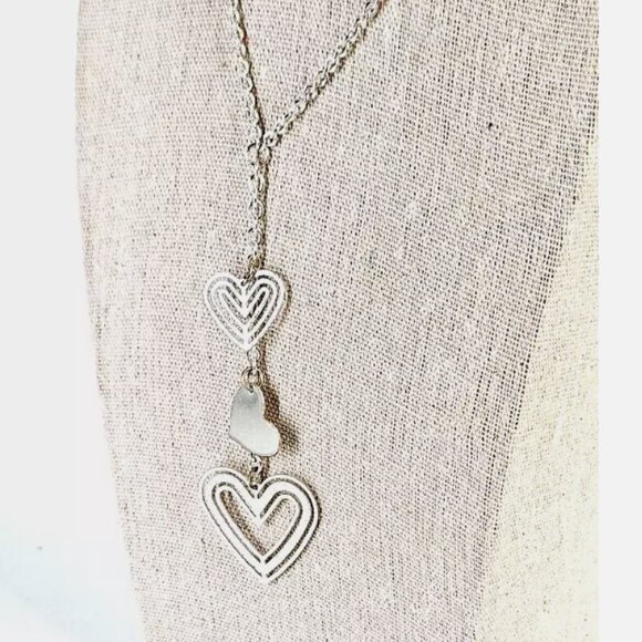 Lei Y Drop Necklace Silver Tone Triple Hearts Dainty Minimalist 15 in. 3" ex - Picture 1 of 5